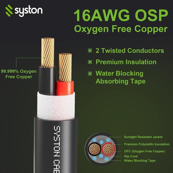 20 ft. 16/2 Black Direct Burial Stranded Oxygen Free Copper Audio Loud Speaker Cable Wire Water Blocking in-Wall Outdoor