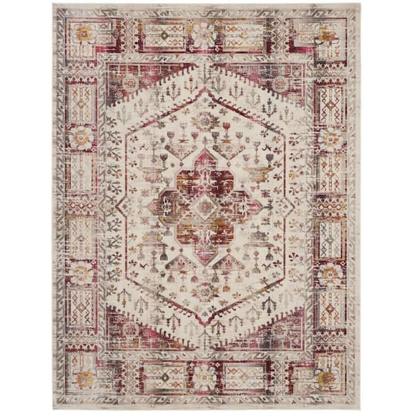8 ft. x 10 ft. Ivory Red And Orange Floral Distressed Non Skid Area Rug
