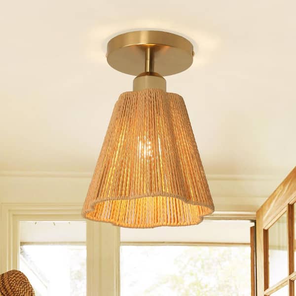 7 in. 1-Light Brass Farmhouse Semi-Flush Mount Ceiling Light with Hand Woven Shade