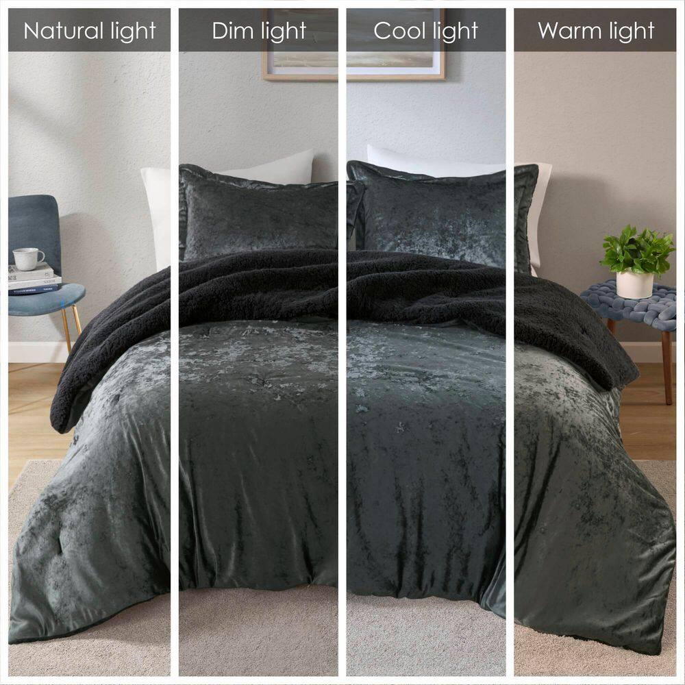 Charcoal King Velvet Reversible Comforter Set with Sherpa