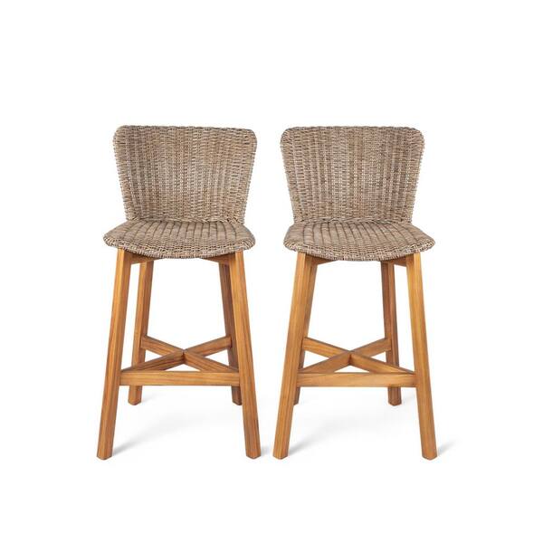 Teak Finished Wood with Light Brown Wicker Outdoor Bar Stool with Durable and Stylish Design (2-Pack)