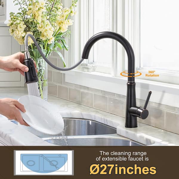 Stainless Steel Single Handle Pull Down Sprayer Kitchen Faucet with Advanced Sprayer and Deck Plate in Oil Rubbed Bronze