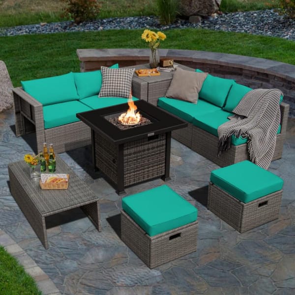 9-Piece Wicker Patio Conversation Set with Green Cushions