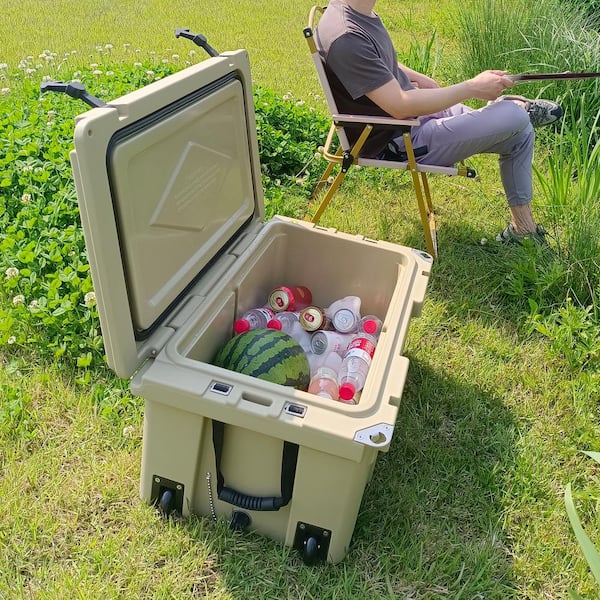 65 qt. Khaki Outdoor Portable Camping Cooler with Wheels, Ice Chest with 54 Can Capacity, Keeps Ice for Up to 5 Days