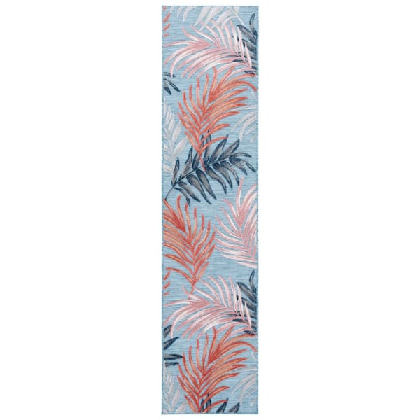 Cabana Blue/Rust 2 ft. x 9 ft. High-Low Abstract Leaf Indoor/Outdoor Runner Rug