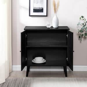 Black Wood and Rattan Boho Accent Cabinet with 2-Doors