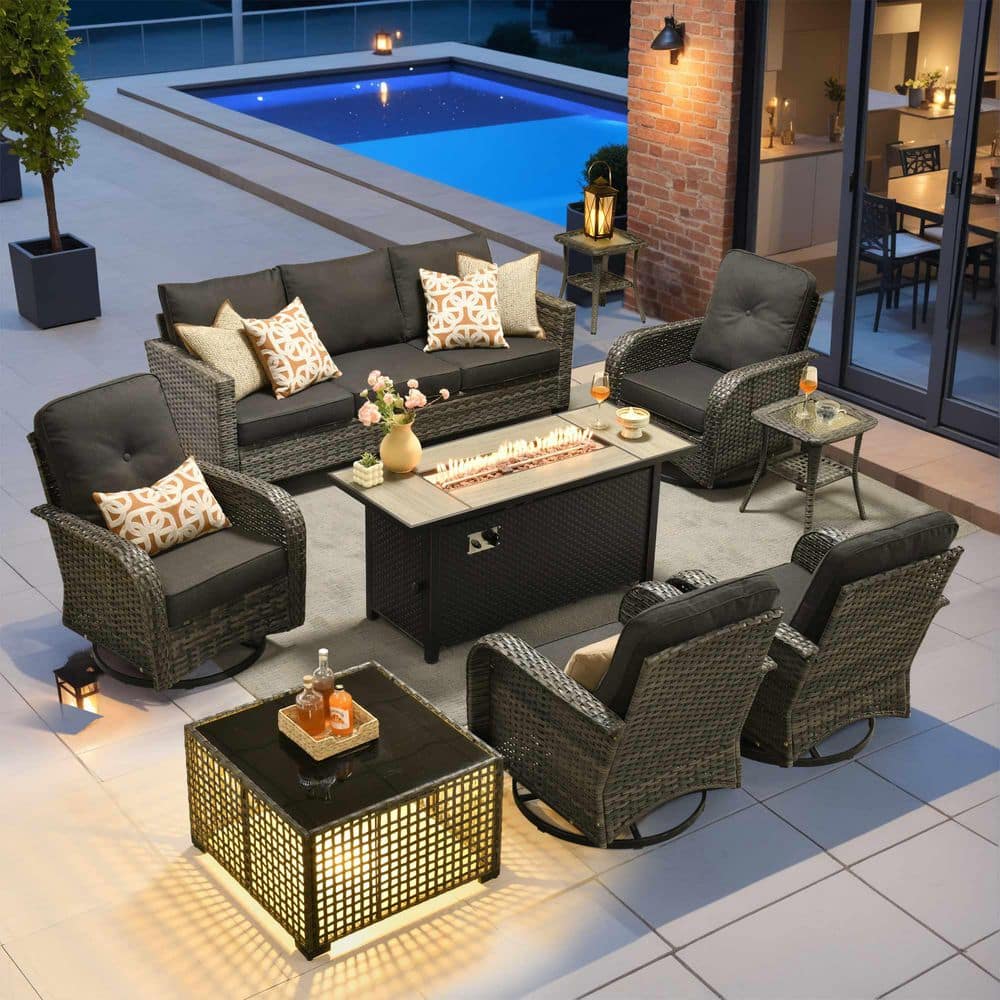 Onyx 9 Pieces Wicker Outdoor Patio Rectangular Fire Pit Set and Swivel Rocking Chairs with Black Cushions price history on PriceWatchPro