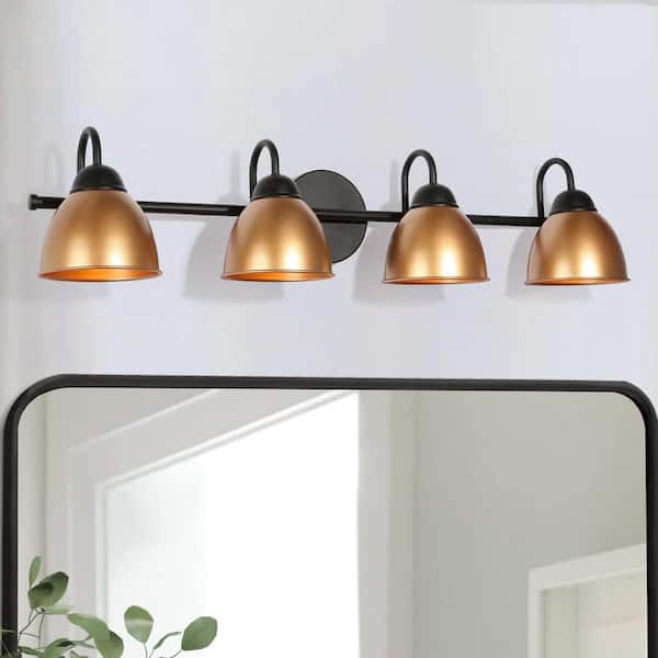 Uolfin Modern 30 in. 4 Light Black and Gold Bell Bathroom Vanity Light Mid-Century Dimmable Wall Sconce with Metal Shade