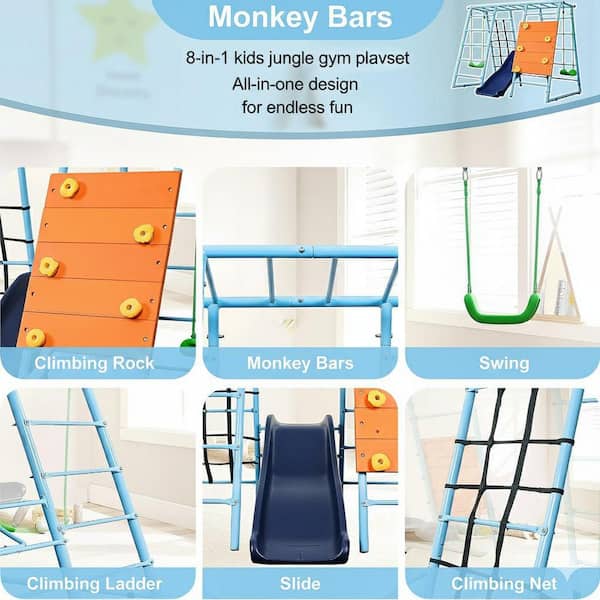 6 in 1 Indoor/Outdoor Jungle Gym Playset with Climbing Wall, Slide