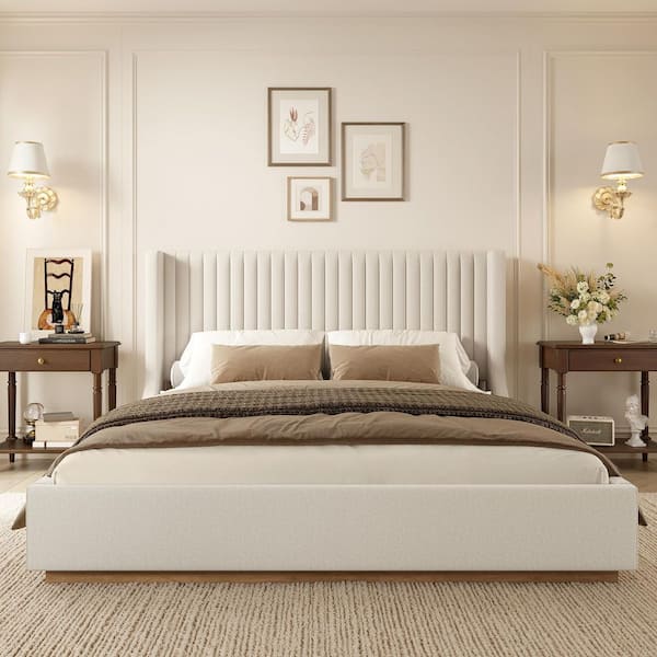Buzio Beige Solid Wood Frame King Size Upholstered Platform Bed with Wood Base
