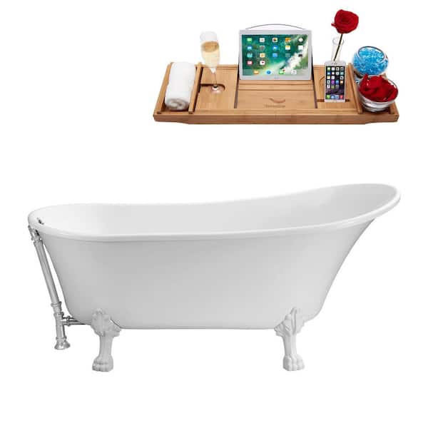 Streamline 55 in. Acrylic Clawfoot Non-Whirlpool Bathtub in Glossy White With Glossy White Clawfeet And Polished Chrome Drain
