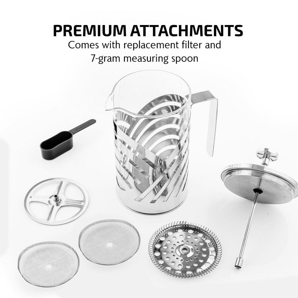 Nickel Brushed Stainless Steel French Press Coffee Maker with Measuring Spoon