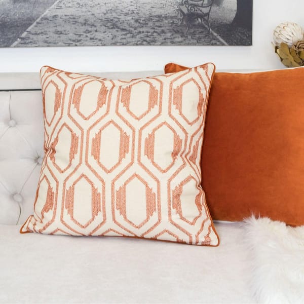 20 in. x 20 in. Modern Rust Geometric Cotton Throw Pillow with Exquisite Embroidery Patterns to Add Warmth to Your Room