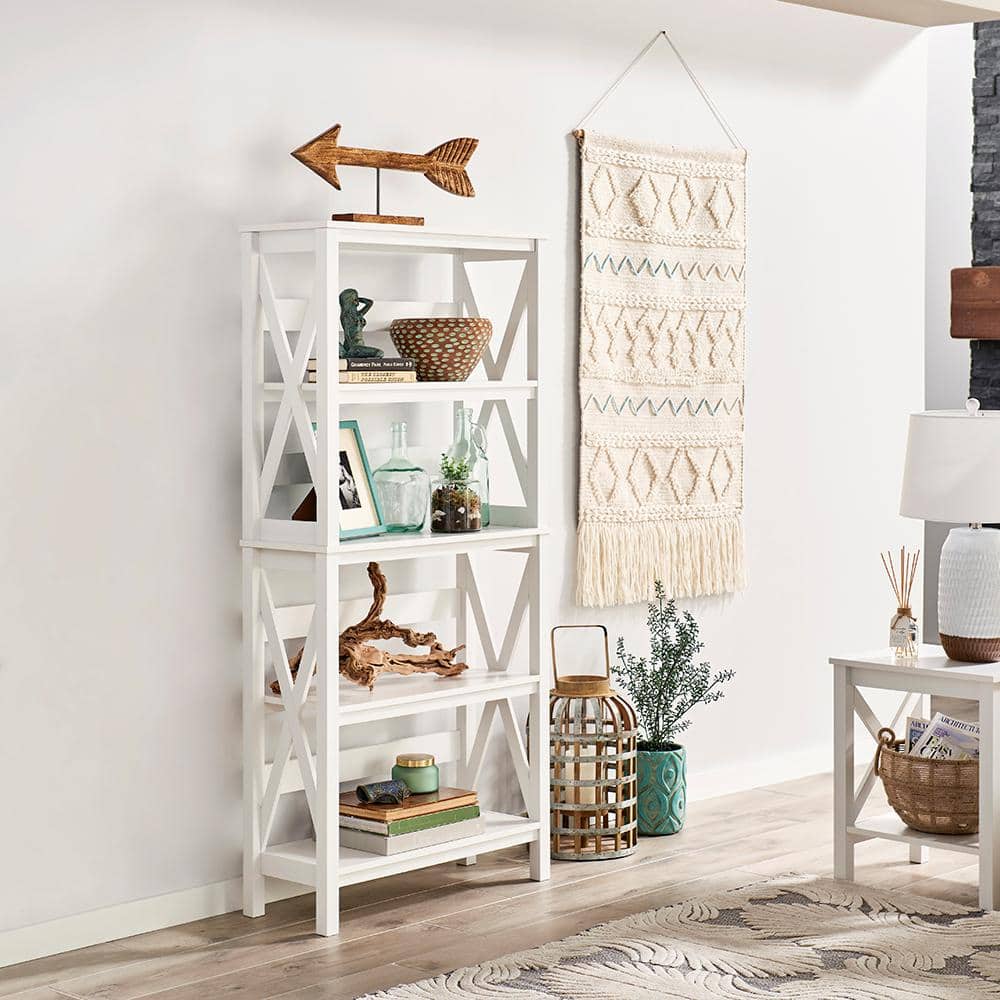 White Wood X-Frame 5-Tier Etagere Bookcase