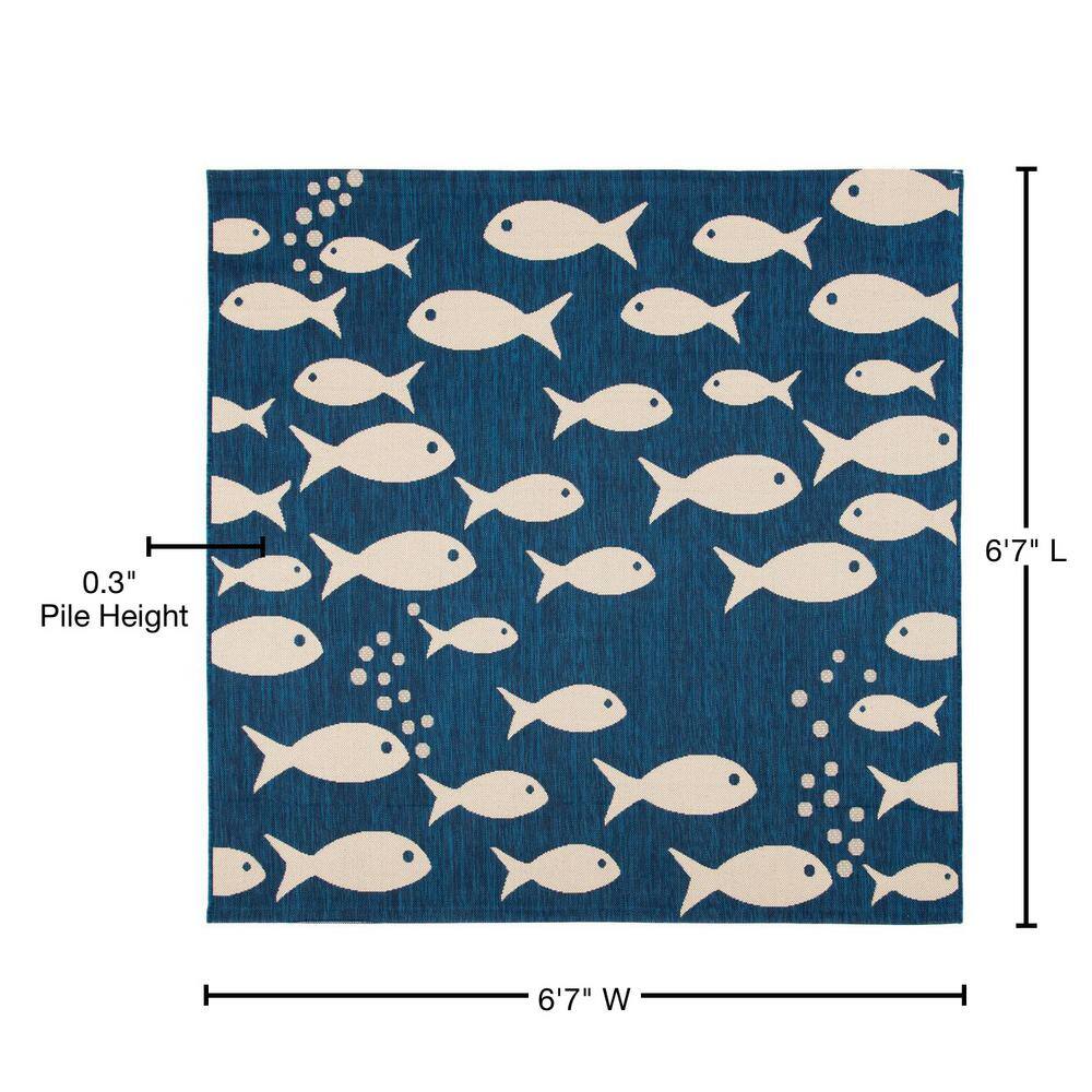 Navy and Beige 6'7" Square Synthetic Flat Woven Rug