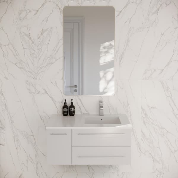 Lucera 36 in. Single Sink Wall Mount White Bath Vanity with White Quartz Top and Undermount Sink - Right Version