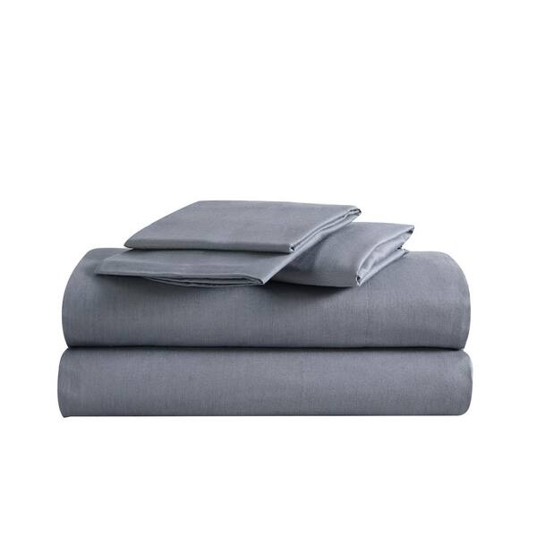 KENNETH COLE NEW YORK Miro Solid 4-Piece Smoke Gray Cotton Blend Full Sheet Set