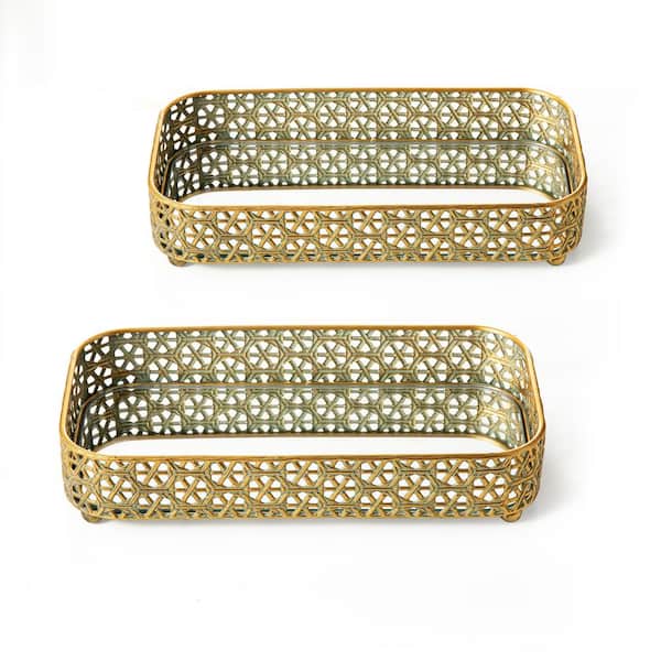 Glitzhome Rectangle Metal Gold Mirrored Decorative Trays（Set of 2）