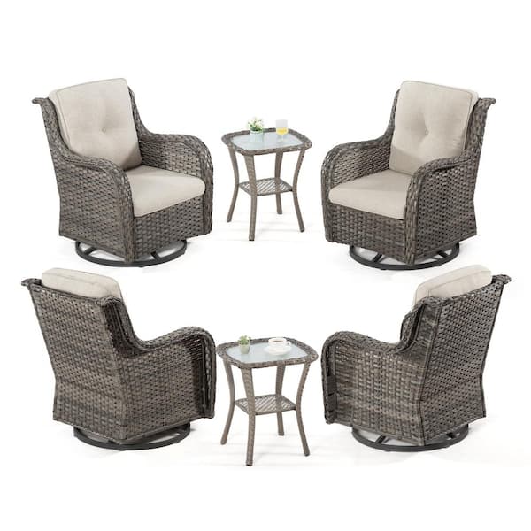 6-Piece Wicker Outdoor Rocking Chair All-Weather Patio Swivel Chair Set with Beige Cushions