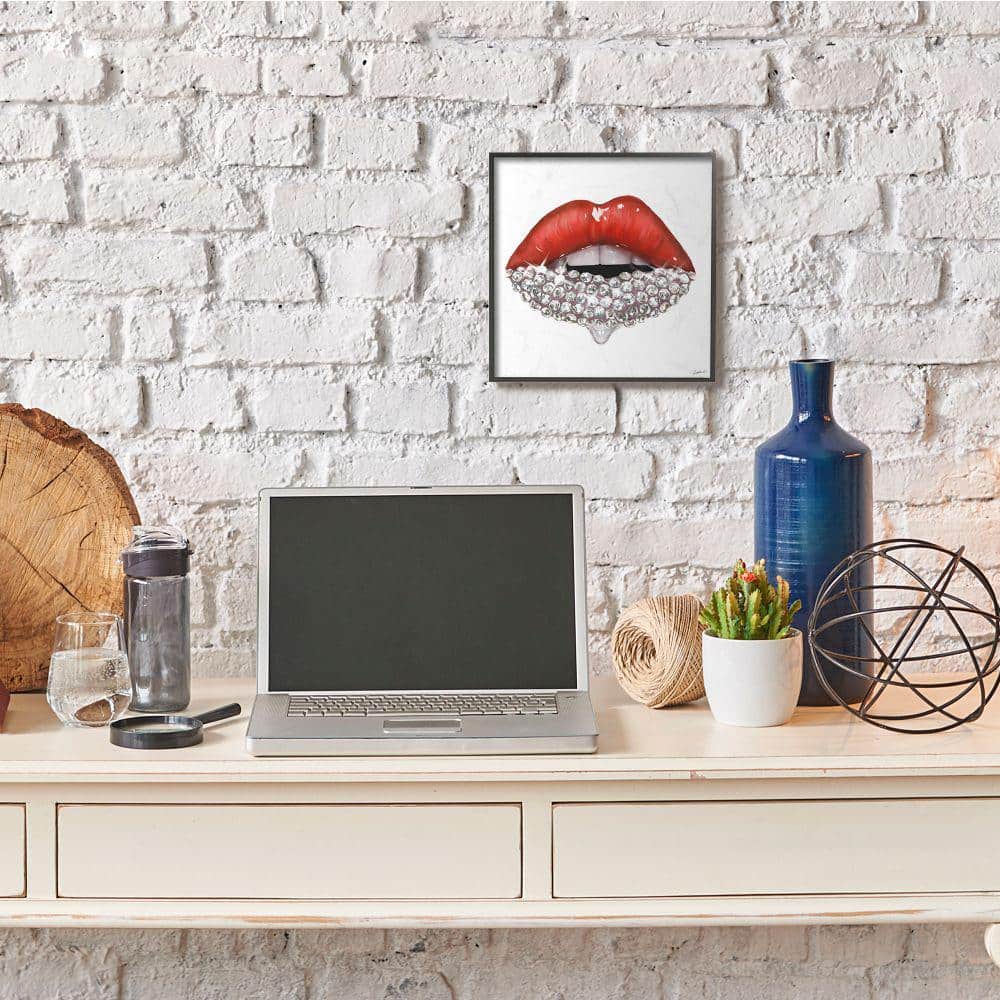Red Glam Lips with Glistening Stones Abstract Canvas Art Print