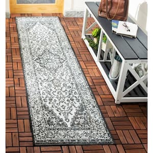 Beach House Light Gray/Charcoal 2 ft. x 12 ft. Border Floral Indoor/Outdoor Patio  Runner Rug