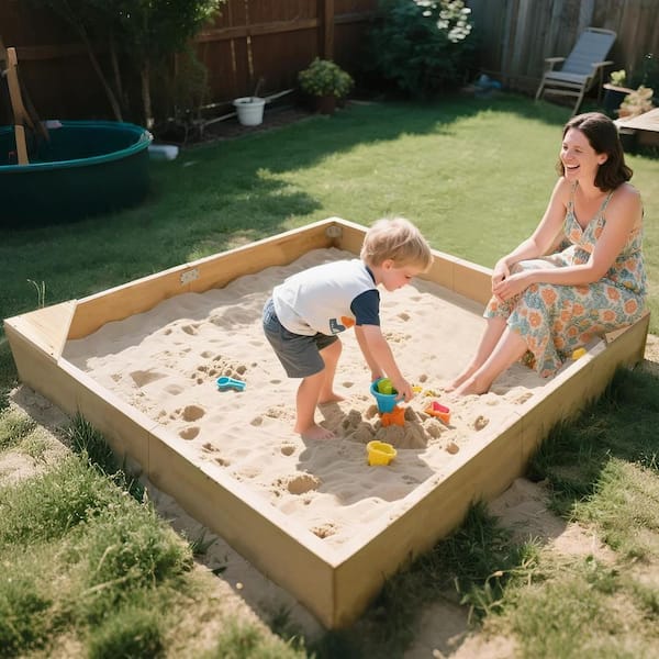 Kids Sand Box Wooden Sandbox 6 ft. W x 6 ft. L x 8 in. H Large Sandbox with Cover Square Sand Pit with 2 Corner Seats