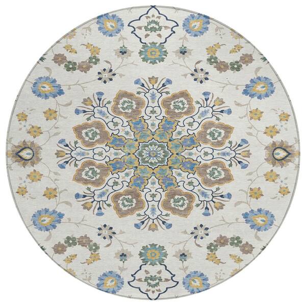 Chantille Machine Washable Indoor/Outdoor Abstract ACN2845 Ivory 8 ft. x 8 ft. Round Rug