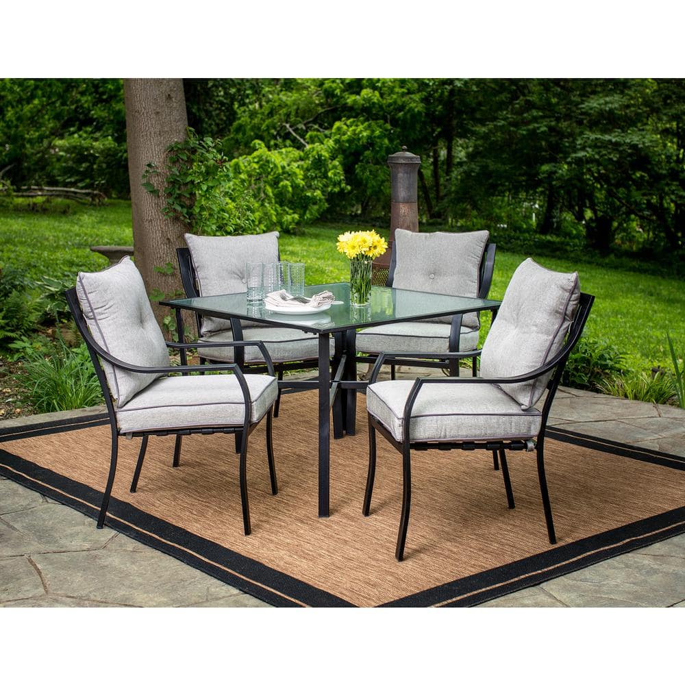 Hanover Lavallette Black Steel 5-Piece Outdoor Dining Set with Silver Linings Cushions -  LAVDN5PC-SLV