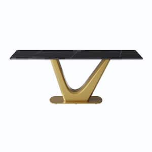 70.87 in. Black Sintered Stone Tabletop Bottom V Gold Pedestal Base Dining Table (Seats 6)
