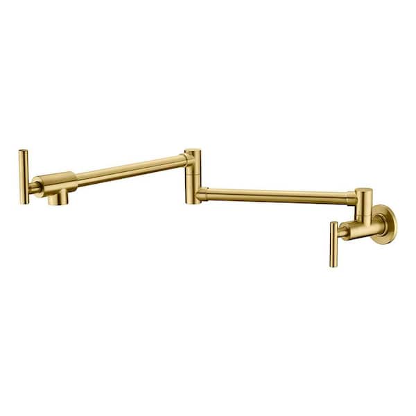 Modern Wall Mount Pot Filler with 2-Handles and Double Joint Swing Arms Folding Kitchen Faucet in Brushed Gold