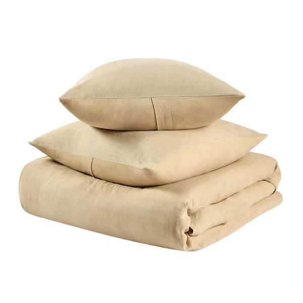 Paula 3 Piece Soft Ochre Amber Stone Washed Hemp Cotton Blend King Size Duvet Cover Set