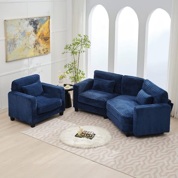 2-Piece Navy Curved Corduroy Velvet Living Room Sofa Set includes 2-Seater plus Single Sofa