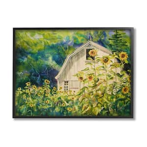 Peaceful Sunflower Field Countryside Woodlands Barn by MB Cunningham Framed Architecture Art Print 20 in. x 16 in.