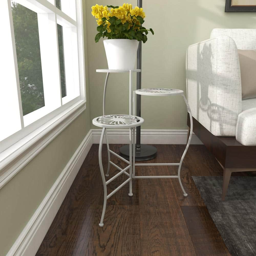 White Metal 3-Tier Floral Round Plant Stand