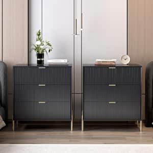 Modern Accent Black 3-Drawers 28 in. W Nightstand with Stylish Golden Metal Handle (Set of 2)