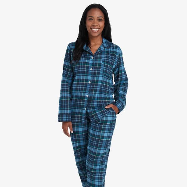 The Company Store Company Cotton Family Flannel Women's Button Front Small Blue/Green Pajama Set