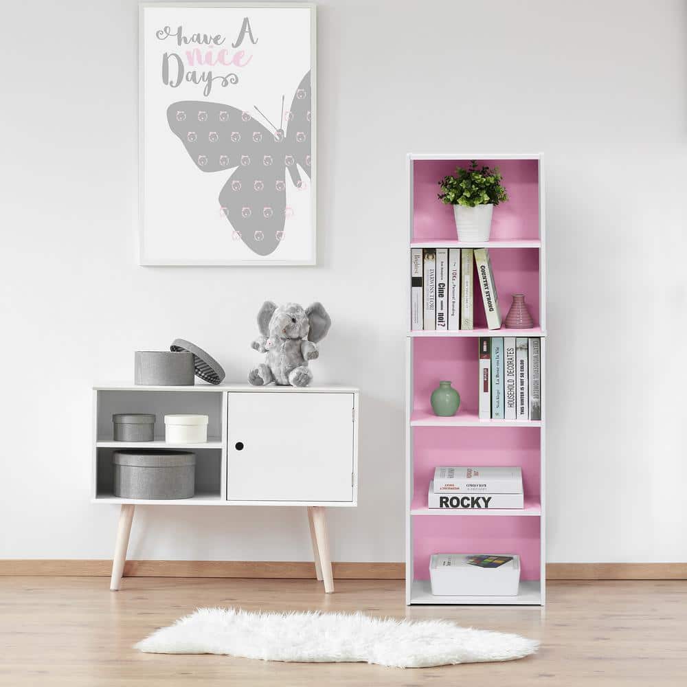 Contemporary 5-Tier Laminated Wood Bookcase in White & Pink