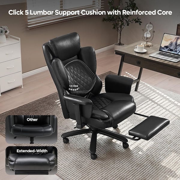 Faux Leather High-Back Ergonomic Office Chair in Black with Adjustable Padded Arms Swivel Chair with Headrest & Footrest