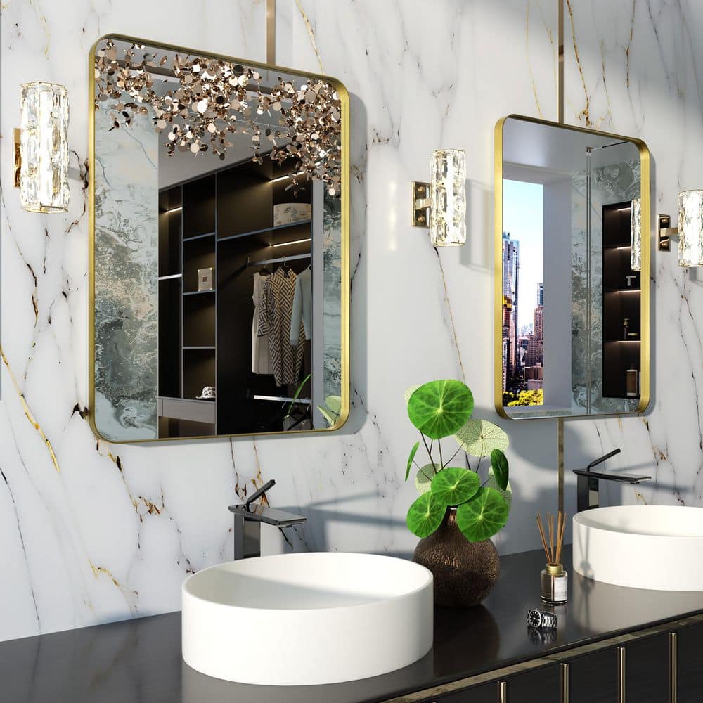 24 in. W x 32 in. H Rounded Rectangle Framed Wall Bathroom Vanity Mirror in Brushed Gold price history on PriceWatchPro