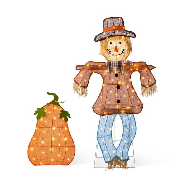 47.5 in. Lighted Fall 2. 5D Scarecrow and Pumpkin Outdoor Decor with 80L Plus 30L Warm White LED Lights (Set of 2)
