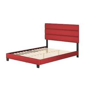 Luna Red Faux Leather Upholstered Queen Platform Bed Frame with Slat System