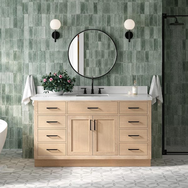 ARIEL Hepburn 61 in. W x 22 in. D x 36 in. H Single Sink Bath Vanity in Oak with Pure White Quartz Top