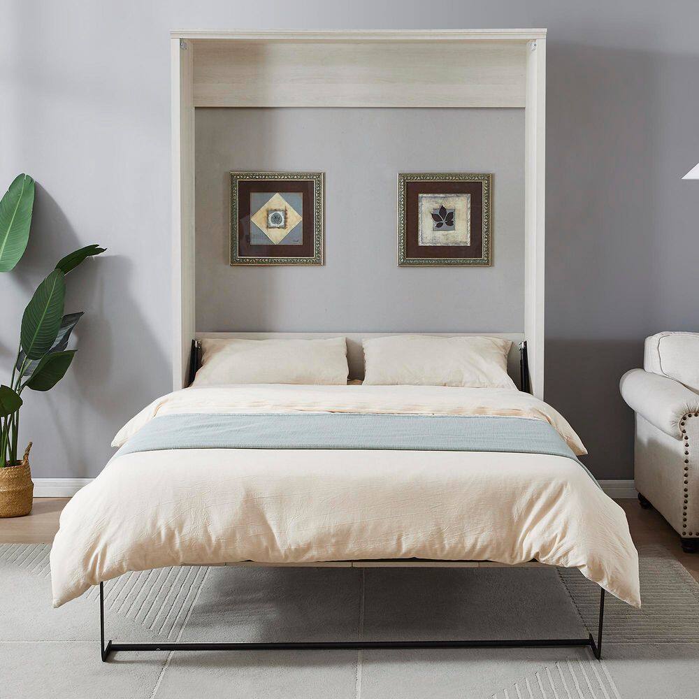 Rustic White Wood Frame Queen Size Murphy Bed, Perfect for Guest Room, Bedroom, Guest Room, Home Office - thumbnail 4