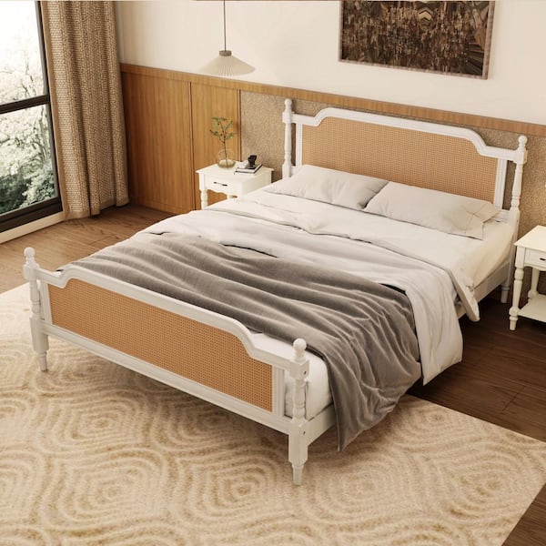Harper & Bright Designs Exquisite Rattan Style Antique White Wood Frame Queen Size Platform Bed, No Box Spring Needed