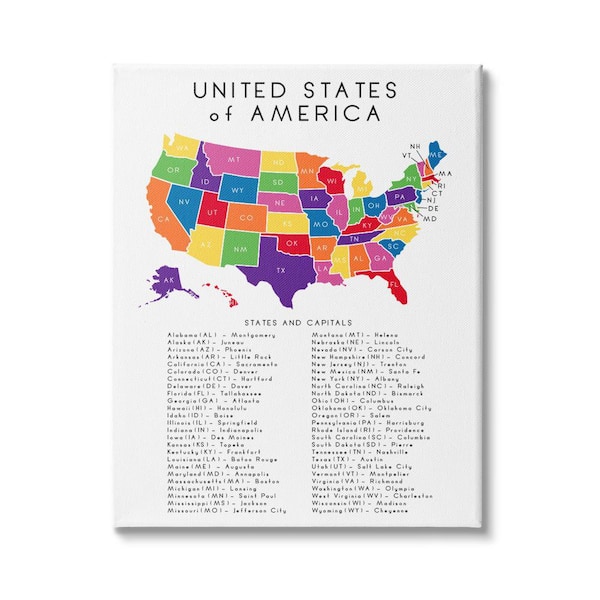 Stupell Industries USA Map State Abbreviations and Capitals Playful Tone by Anna Quach Unframed Print Abstract Wall Art 16 in. x 20 in.