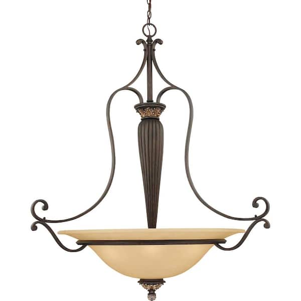 Volume Lighting Bristol Collection 5-Light Indoor Vintage Bronze with Antique Gold Hanging Pendant with Sepia Glass Bowl Shade