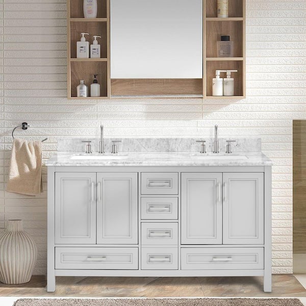 60.01 in. W x 22 in. D x 39 in. H Bath Vanity with Carrara Marble Top, Double Sink, Soft Close, 5 Drawers, Light Gray