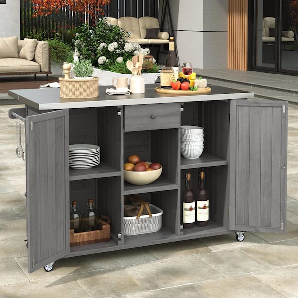 52.25 in. x 28.75 in. x 36.25 in. Wood Kitchen Island, Outdoor Storage Cabinet, Towel, Spice Racks, Bottle Opener, Grey