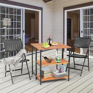 Brown Acacia Wood 27.5 in. W Kitchen Prep Table Patio Folding Dining Table with Storage Shelves