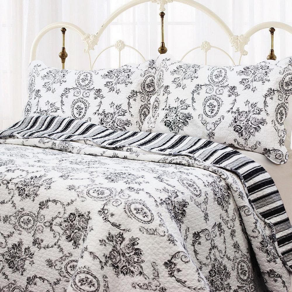 Cozy Line Home Fashions Monochrome Vintage Floral Toile 3Piece